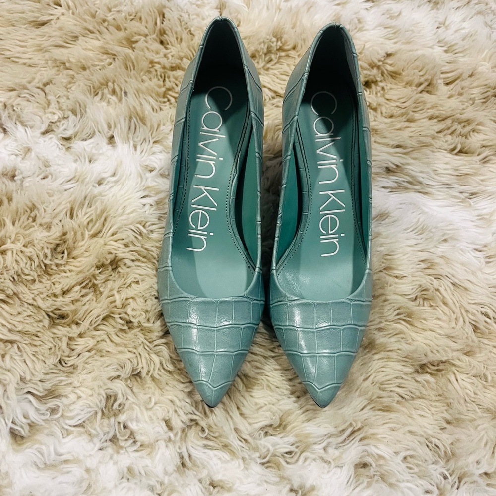 Calvin Klein Teal Croc-Embossed Heels